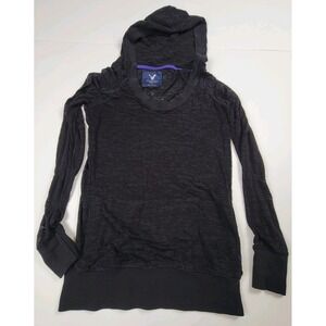 American Eagle Outfitters sheer charcoal grey long-sleeve hooded t-shirt Size...